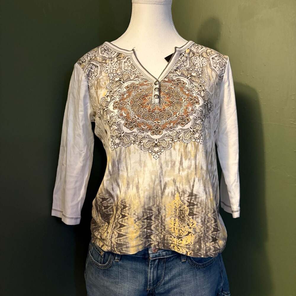 B.L.E.U. Petite Women's 3/4 Sleeve Henley Top Size PS